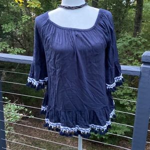 Bohemian debark blue top with fringe detailing